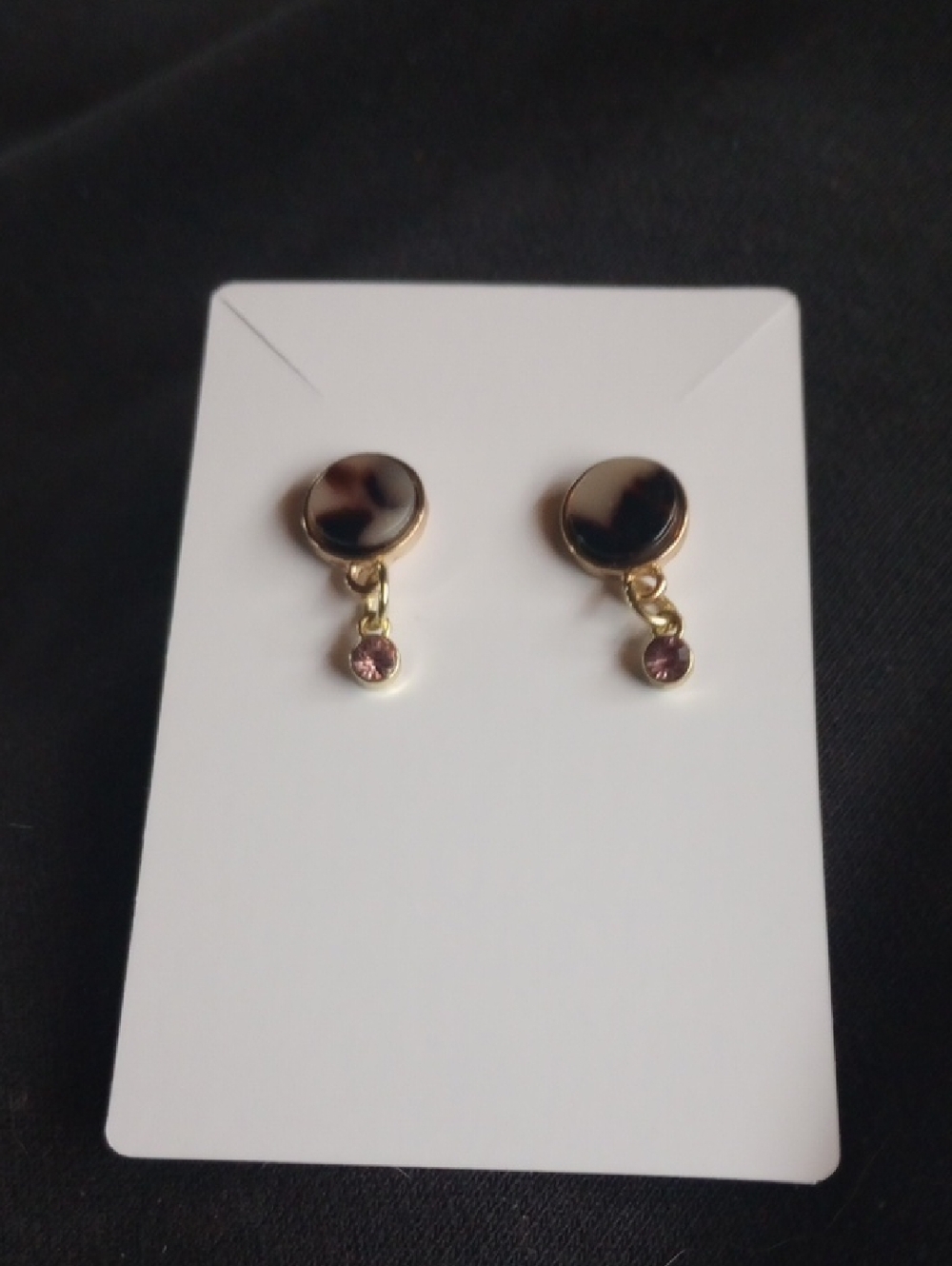 Hand Crafted Gold-Tone Tortoiseshell Stud Earrings with Pink Crystal Drop